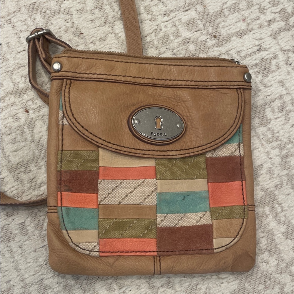 Fossil Brown And Multicolor Patchwork Crossbody B… - image 1